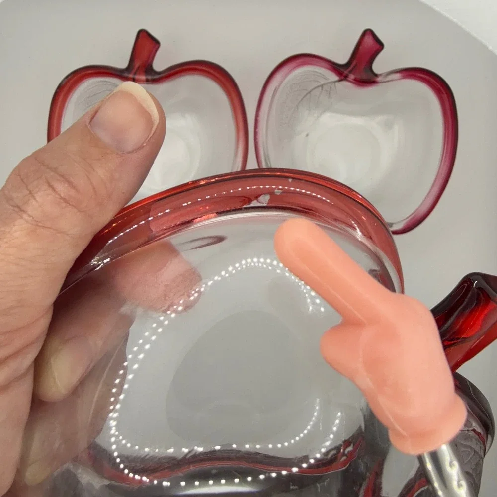 Vintage Apple Shaped Glass‎ Bowls Set 3 Red Rim Leaf Dessert Candy Dishe